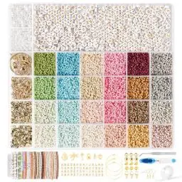 Produktbild: FEHCBIO 24 Farbe Selber Machen Perlen für Armbänder Set 3mm, mit Goldenen Buchstabenperlen DIY Schmuckherstellungs Sets,Mädchen und Erwachsene Geschenkidee für Weihnachtsferien,Geburtstags Partys