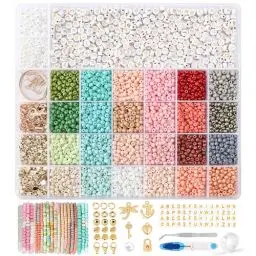 Produktbild: FEHCBIO 24 Farbe Selber Machen Perlen für Armbänder Set 4mm, mit Goldenen Buchstabenperlen DIY Schmuckherstellungs Sets,Mädchen und Erwachsene Geschenkidee für Weihnachtsferien,Geburtstags Partys