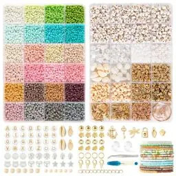 Produktbild: FEHCBIO Selber Machen Perlen für Armbänder 24 Farbe Perlenset 3mm,mit Holzperlen und Goldenen Buchstaben Perlen zum Auffädeln, für Mädchen und Erwachsene Geschenkidee für Weihnachtsferien,Geburtstags