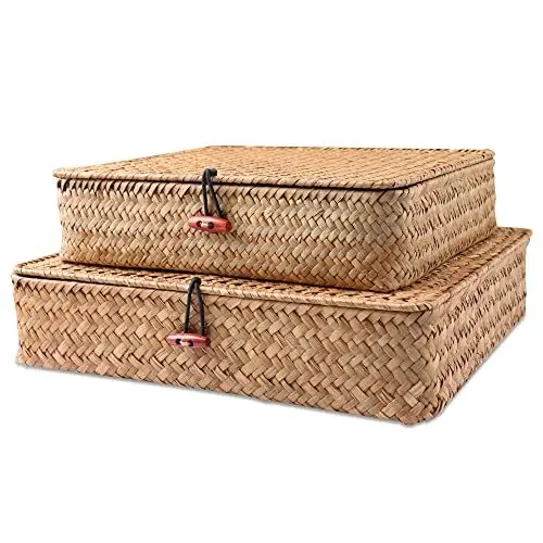 Produktbild: FEILANDUO Regalkörbe mit Deckel, Weidenkörbe für Regale, Organisation von natürlichem Seegras, Rattan, gewebte Organizer-Boxen, Boho-Heimdekoration, 2er-Set (natürlich)