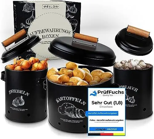 Produktbild: Feilox® Kartoffel Aufbewahrungsbox (3er Set Metal) inkl. Zwiebel Aufbewahrung | Zwiebeltopf, Kartoffeltopf, Knoblauchtopf | Kartoffelbox, Aufbewahrung Kartoffeln Zwiebeln Knoblauch Aufbewahrung