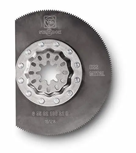 Produktbild: FEIN Voll-HSS-Sägeblatt Ø 85 mm, Ve. 5 St., Aufnahme Starlock, mit Metall-Verzahnung für Blech bis ca. 1 mm. Segmentiert, ideal zum Arbeiten in Ecken und an Kanten ohne Überschnitt.