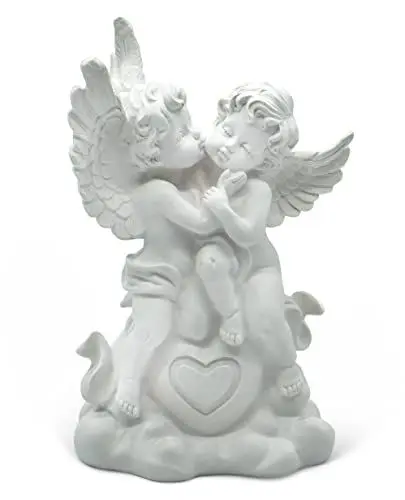 Produktbild: FeinKnick großes Engelpaar als Deko Figur - liebevolle Engelsfigur mit Herz 25 cm groß aus Marmorit in Weiß - Skulptur Dekoengel als Dekoration - Engel als Symbol für Verbundenheit zweier Menschen