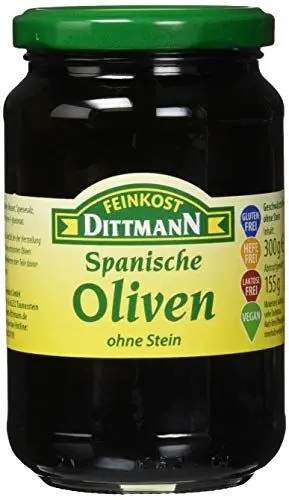 Produktbild: Feinkost Dittmann Spanische Oliven ohne Stein - 340g, 1er Pack - Schwarze Oliven eingelegt - Geschwärzte Olivenfrucht - Ideal für Pizza, Salate, Spanische Antipasti