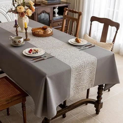 Produktbild: FeinKulturia Tischdecke Abwaschbar Verdickte Design Grau Tischdecken 140x200cm Luxuriös Optik Tischläufer aus Baumwoll Leinen Material Wasserabweisend, Tischtuch Dauerhaft Kratzfest für Esstisch