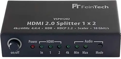 Produktbild: FeinTech VSP01202 HDMI 2.0 Splitter 1x2 mit 4K HDR Down-Scaler Audio-EDID Schwarz