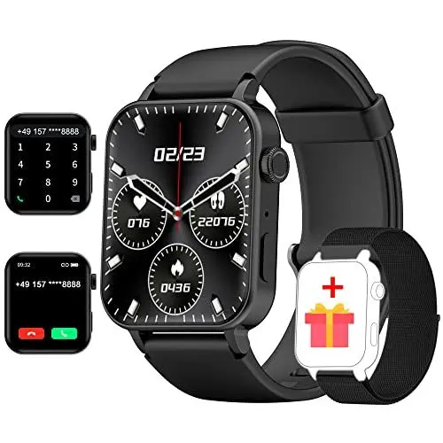 Produktbild: FeipuQu Smartwatch Damen Herren mit Telefonfunktion - Oximeter (SpO2) Kalorien Schrittzähler, Schlaf und Herzfrequenzmesser 1,69 Zoll HD Bildschirm, Kompatibel mit Android und iOS Telefonen (2 Riemen)