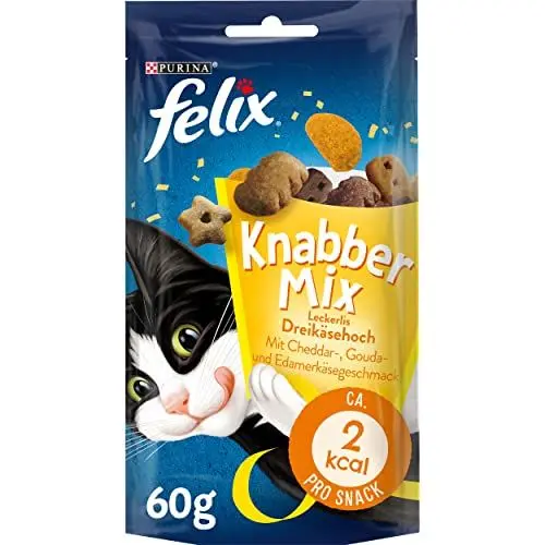 Produktbild: FELIX KnabberMix Dreikäsehoch Katzensnack, Knusper-Leckerlie mit Käsegeschmack, 8er Pack (8 x 60g)