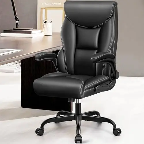 Produktbild: FelixKing ergonomischer Bürostuhl, Chefsessel Home Office Stuhl aus PU-Leder,Drehbare Computerstuhl mit Lendenwirbelstütze，Hochklappbare Armlehnen，höhenverstellbar，Schaukelfunktion（Matt Schwarz）