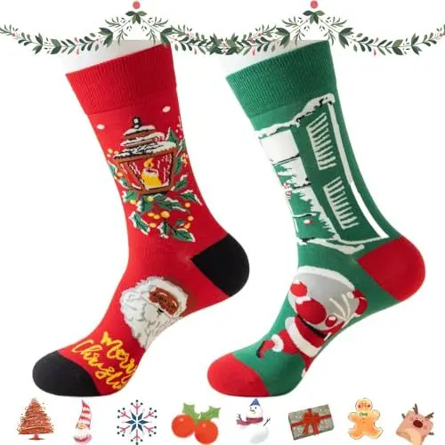 Produktbild: Feliz&Luk 2 Paar Weihnachtssocken Damen Unisex Socken Größe 41-46 Baumwolle Weihnachtsmann Rentier Socken Herren