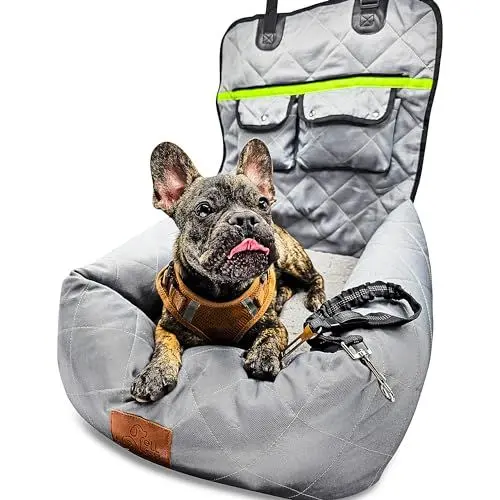 Produktbild: fell&bell Hunde Autositz Mittelgroß Grau | 2-in-1 Hundebett, Doppelt Gesichert, Bequem & Stylisch, Einfacher Aufbau, Ideal Für Reisen
