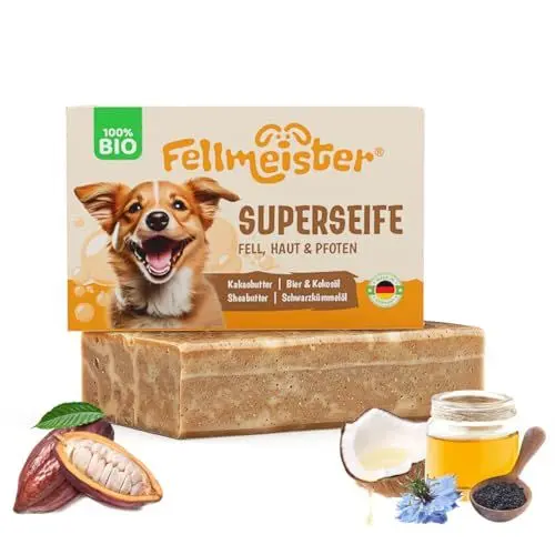 Produktbild: Fellmeister® Bio Hundeseife zur effektiven Haut- und Fellpflege - Hundeshampoo für 100% handgemacht für jeden Hundetyp - Hund Kernseife, Fellseife, Naturseife (1er-Pack)