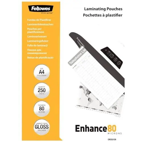 Produktbild: Fellowes Laminierfolien A4, 80 Mikron (2 x 80 mic), glänzend, Value Pack mit 250 Stück