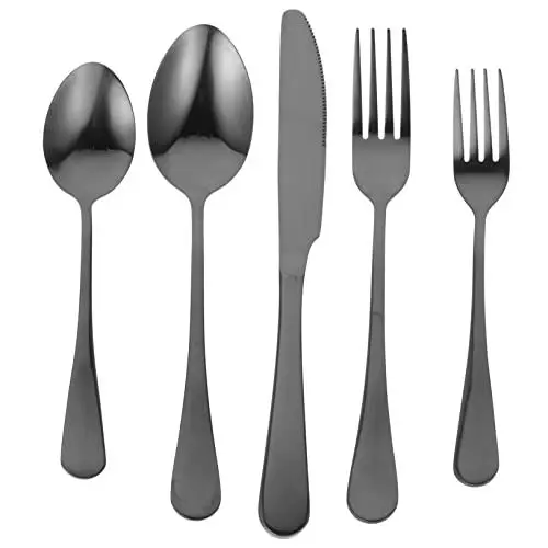 Produktbild: FELTECHELECTR Kinderanzug 1 Satz Fünfteiliges - -Löffel-Set Kinderbesteck Kindergeschirr-Set Edelstahllöffel Schwarze Löffel Gabeln Set Steakgabel Löffelset Schwarzes Besteckset Besteckset