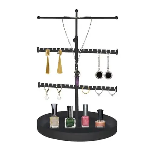 Produktbild: FEMONGY schmuckständer, kettenständer schmuck mit Aufbewahrungsbasis, schmuckbaum für ketten, ketten halterung schmuck für Ketten Ringe Ohrringe Armbänder, Ausziehbar von 24-42cm (Schwarz)