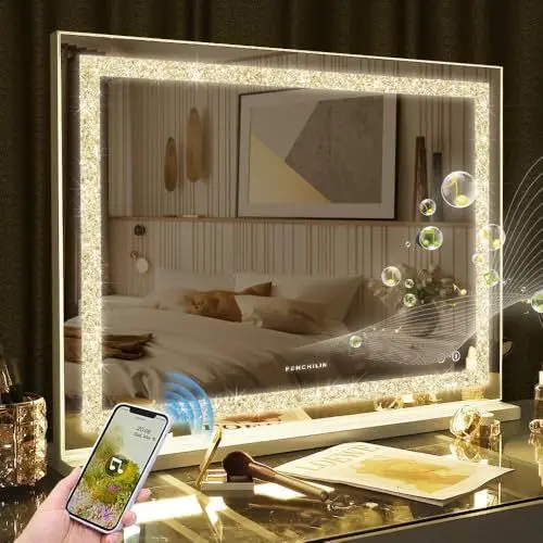 Produktbild: FENCHILIN Bluetooth Hollywood Spiegel 80x60 cm Schminkspiegel mit Beleuchtung Crushed Diamant Kristall Schminkspiegel mit Lautsprecher Groß LED Spiegel 3 Dimmbare Lichtlfarben USB Port Weiß