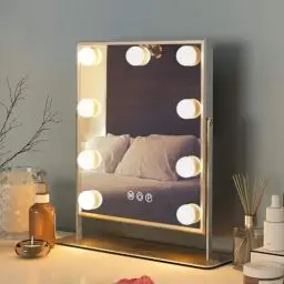 Produktbild: FENCHILIN Schminkspiegel mit Beleuchtung 9 dimmabare Lampen Beleuchteter Schminkspiegel Hollywood Spiegel mit Beleuchtun LED Lampen 360° Drehbar Schminkspigel mit Licht 3 Lichtfarben Weiß 25x30 cm
