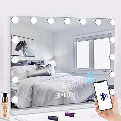Produktbild: FENCHILIN Hollywood Spiegel mit Beleuchtung Lautsprecher USB Schminkspiegel mit 15 Dimmbaren LED Lampen, Touch Control Schminkspiegel Spiegel mit Beleuchtung 3 Lichtlfarben Memory Funktion