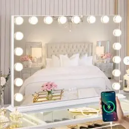 Produktbild: FENCHILIN Hollywood Spiegel mit Beleuchtung USB Port 18 dimmbare LED Lampen Schminkspiegel mit Beleuchtung Groß Spiegel mit Beleuchtung 3 Farbtemperatur Schminkspiegel mit Licht für Schminktisch Weiß