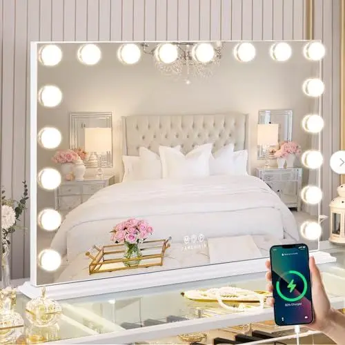 Produktbild: FENCHILIN Hollywood Spiegel mit Beleuchtung USB Port 18 dimmbare LED Lampen Schminkspiegel mit Beleuchtung Groß Spiegel mit Beleuchtung 3 Farbtemperatur Schminkspiegel mit Licht für Schminktisch Weiß