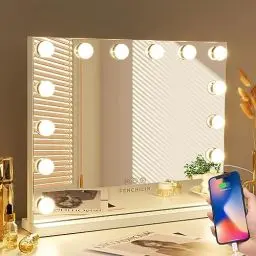 Produktbild: FENCHILIN Schminkspiegel mit Beleuchtung mit USB Charging Port Hollywood Spiegel mit 14 dimmbare LED 3 Farbtemperatur Licht Spiegel mit Beleuchtung mit 10X Vergrößerung Touch Steuerung (weiß)