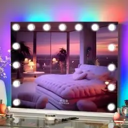 Produktbild: FENCHILIN Hollywood Spiegel mit RGB Schminkspiegel mit Beleuchtung mit 15 Dimmbare Lampe 3 Lichtmodi Hollywood Spiegel mit Beleuchtung 10x Vergrößerung HD Gehärtetes Glas Weiß 58cmX46cm