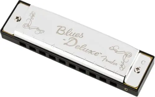 Produktbild: Fender Blues Deluxe Mundharmonika, Hochwertige Blues Harp mit warmem Sound, geeignet für Einsteiger und Profis, 10 Löcher, Nickel-Chrom, Tonart C, Inklusive Etui
