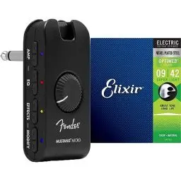 Produktbild: Fender Mustang Micro Amp – Der ultimative All-in-One Kopfhörer-Verstärker & Elixir 19077 Saiten E-Gitarrensaiten mit OPTIWEB Beschichtung, Super Light (.009-.042)