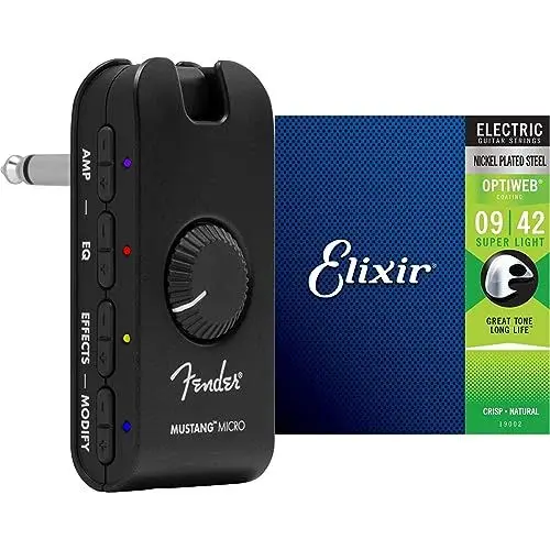 Produktbild: Fender Mustang Micro Amp – Der ultimative All-in-One Kopfhörer-Verstärker & Elixir 19077 Saiten E-Gitarrensaiten mit OPTIWEB Beschichtung, Super Light (.009-.042)
