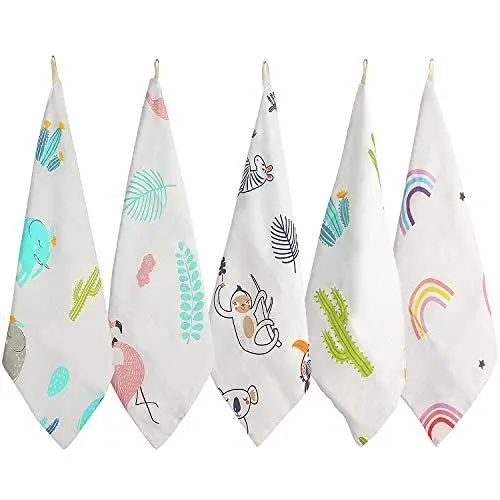 Produktbild: FenFang Waschlappen Baby, 5 Stück Spucktücher Baby Musselin Tuch Waschlappen, 100% Bio-Baumwolle Weiche Baby Badetücher Handtücher Gesichtstücher für Neugeborene Baby Jungen und Mädchen, 30 x 30 cm