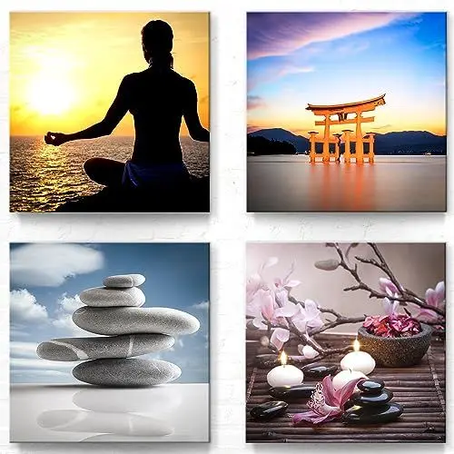 Produktbild: Feng Shui Leinwandbilder im 4er-Bilderset D - 30x30cm je Wandbild, Die modernen Bilder eignen sich als Deko für Wohnzimmer, Arbeitszimmer, Esszimmer usw. Aufhängefertig