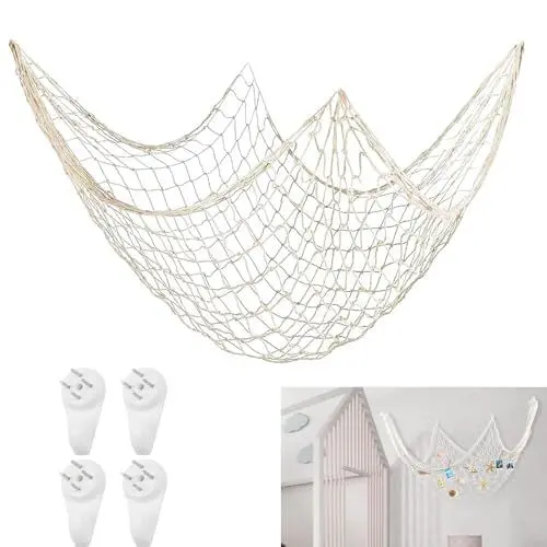 Produktbild: FENGCHUANG 200 × 100 CM Fischernetz Deko, Wand Deko im Mittelmeerstil, Baumwollseil Fotowand, für Room Decoration, Photography Hintergrundwand, Umweltinnovation im Kindergarten (Weiß)