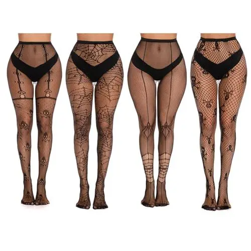 Produktbild: FENGCHUANG 4 Stücke Netzstrumpfhose Schwarz, Halloween Gemusterte Netzstrümpfe, Elastisch Hohe Taille Schenkelhohe Strümpfe Strumpfhosen für Damen Geeignet für Halloween, Rollenspiele, Kostümparty