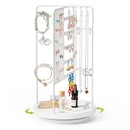 Produktbild: Fenghome Drehbarer Schmuckständer, Schmuckhalter drehbar mit Holzsockel Schmuck-Organisator zur Aufbewahrung von Ringe Ohrringe Armbänder Uhren und Accessoires (Weiß)