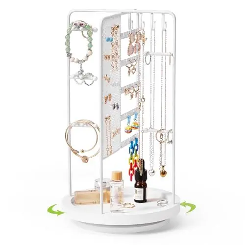 Produktbild: Fenghome Drehbarer Schmuckständer, Schmuckhalter drehbar mit Holzsockel Schmuck-Organisator zur Aufbewahrung von Ringe Ohrringe Armbänder Uhren und Accessoires (Weiß)