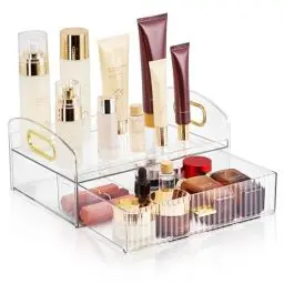 Produktbild: Fenghome Makeup Organizer mit Schubladen, Kosmetik Organizer aus Acryl mit 2 Ebenen Kosmetik Aufbewahrung für Schmuck, Pinsel, Lippenstifte, Cremes - Weiß (26x18.2x12.8cm)