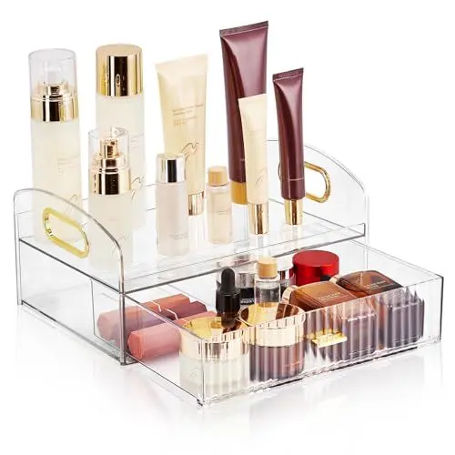 Produktbild: Fenghome Makeup Organizer mit Schubladen, Kosmetik Organizer aus Acryl mit 2 Ebenen Kosmetik Aufbewahrung für Schmuck, Pinsel, Lippenstifte, Cremes - Weiß (26x18.2x12.8cm)