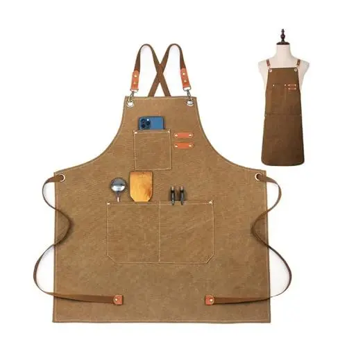 Produktbild: Fenglin-joy Arbeitsschürze für Männer und Frauen,Grillschürze Verlängert Canvas Schürze Kochschürze Einstellbare Gurt Chef Schürze mit Taschen für Home Kitchen Kaffee Garten Handwerk Werkstatt
