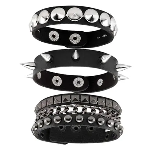 Produktbild: Fenglin-joy Punk Rock Armband, 3 Stück Punk Armband Nieten Gothic Punk Nietenarmband PU Lederarmband für Männer Frauen Größe einstellbar (Schwarz)