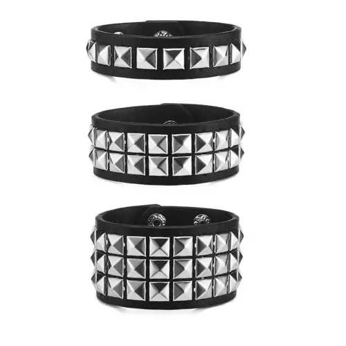 Produktbild: Fenglin-joy Punk Besetztes Armband, 3 Stück Nieten Armband Leder Nieten Punk Armreif Verstellbare Manschette für Männer Frauen Cosplay Party (Schwarz
