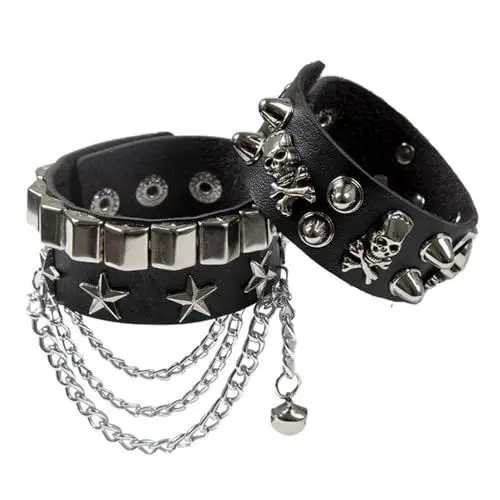Produktbild: Fenglin-joy Punk Rock Armband, 2 Stück Punk Armband Nieten Gothic Punk Nietenarmband PU Lederarmband für Männer Frauen Größe einstellbar (Schwarz)