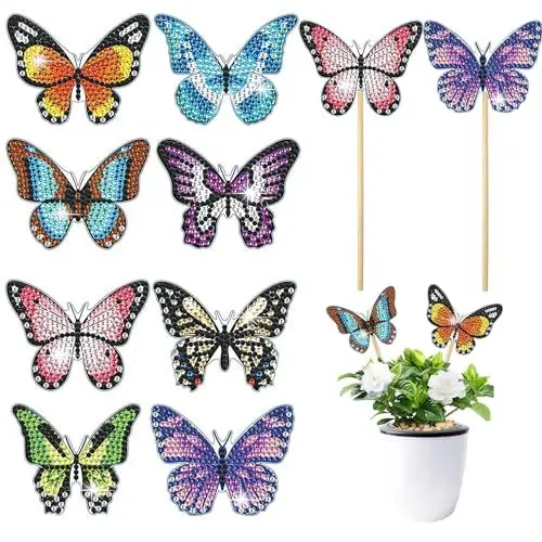 Produktbild: FENGQQKJ 8 Stücke Schmetterling Diamond Painting Kits Schmetterling Stakes Diamant Kunst Kits Diamond Kunst Painting Gartendeko Diamant Painting Ornaments Zubehör für Gartendekoration