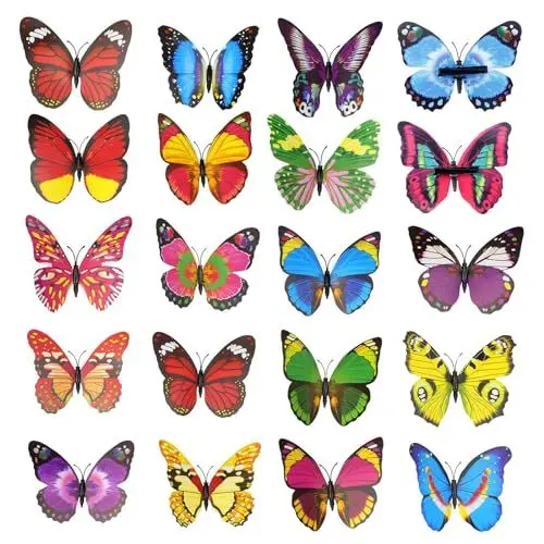 Produktbild: FENGQQKJ Schmetterlinge Deko mit Clip Frühling Deko 20 Stück Schmetterlingsclip Künstliche Bunte Schmetterling Garten Metall Schmetterling zur Zweige Außenbereich für Tischdekoration