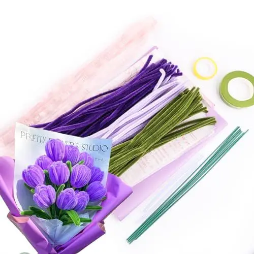 Produktbild: Tulpe Blumenstrauß Pfeifenreiniger Set Pfeifenputzer zum Basteln Blumen Pipe Cleaner Flower Set Chenilledraht Tulpenstrauß Kit Pfeifenreiniger Blumen Lila mit Blumenstrauss Papier für Dekoration