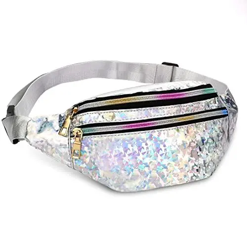 Produktbild: Fengzio Bauchtasche Damen Wasserdicht Gürteltasche mit 3 Reißverschluss Fächer und Reflektierender 80er,90er Jahre Outfit Damen Bauchtasche, Stylisch Hüfttasche Mädchen für Festival,Party,Sport