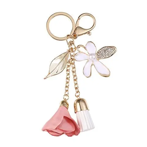 Produktbild: Fenical Quaste Schlüsselanhänger Schlüsselbund Kristall Taschenanhänger mit Blume Blätter für Schlüssel Handtasche Taschen Geldbörse Rucksack Anhänger Zubehör (Rosa)