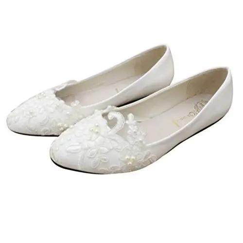 Produktbild: Fenical Spitze Hochzeit Schuhe Spitze Perle Blume Hochzeit Braut flache Schuhe für Frauen 1 Paar Größe 39 weiß