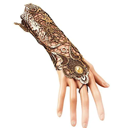 Produktbild: Fenical Spitze Lange Spitze Gloves mit Ring für Halloween Hochzeit Gloves Party Kostüme (Golden)