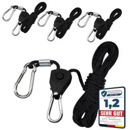 Produktbild: FENITEC 4X Premium Seilratsche, Abspannseil mit Ratsche, Einstellbarer Zeltschnur mit Spanner als Lampen Aufhängung, Sonnensegel Befestigung, Seilzug mit Ratsche, Tragkraft 68kg, Länge 2,4 m (4erSET)