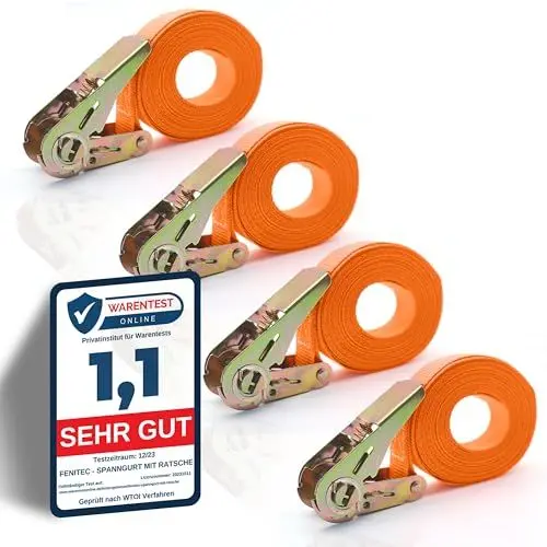 Produktbild: FENITEC 4X Spanngurte mit Ratsche - 1000 kg Kapazität DIN EN 12195-2 zertifizierte Zurrgurte mit Ratsche, Spanngurt 6m mit Doppelnaht, Ratschengurte Ladungssicherung bei jedem Wetter